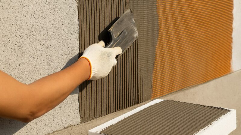 Manopera plasa cu adeziv aplicată pe un perete exterior, cu adeziv întins uniform și plasa din fibră de sticlă înglobată corect.