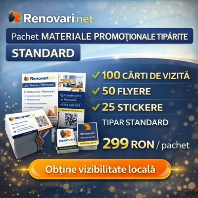 Pachet standard materiale promoționale tipărite Renovari.net – cărți de vizită, flyere și stickere pentru promovare locală