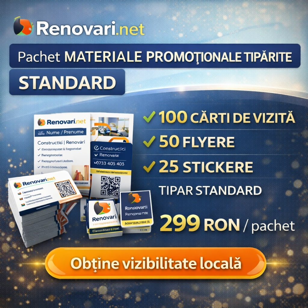 Pachet standard materiale promoționale tipărite Renovari.net – cărți de vizită, flyere și stickere pentru promovare locală