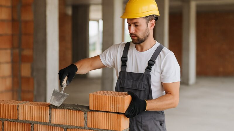 Preț manoperă construcții - Zidar profesionist care montează cărămizi într-o construcție aflată în execuție