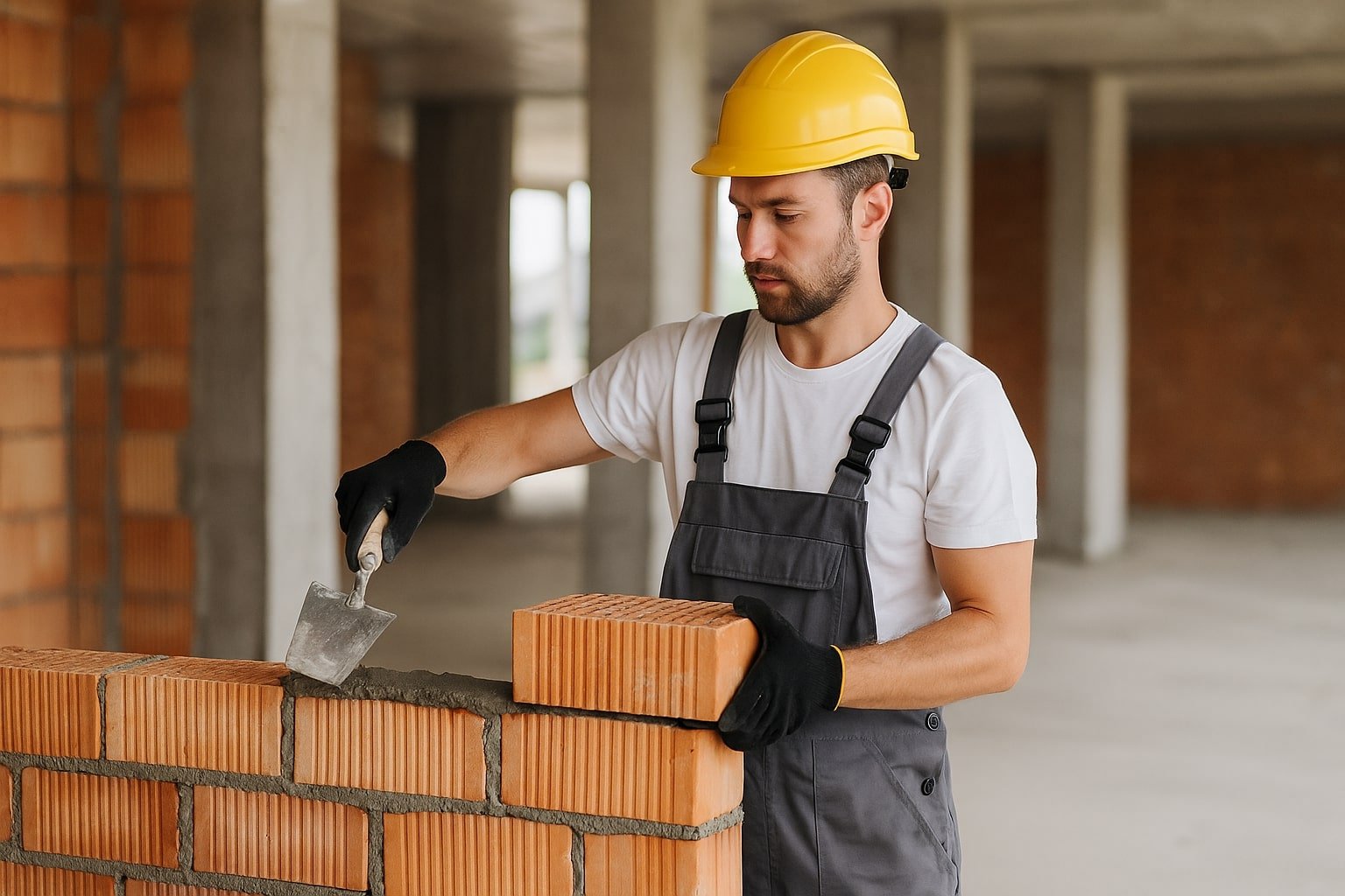 Preț manoperă construcții - Zidar profesionist care montează cărămizi într-o construcție aflată în execuție