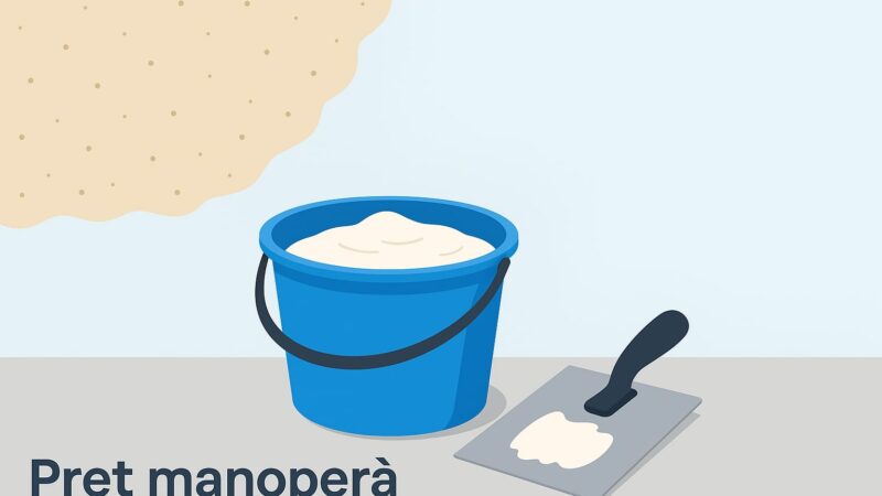 Preț manoperă glet - Ilustrație vectorială cu o găleată de glet și o gletieră lângă un perete pregătit pentru finisare