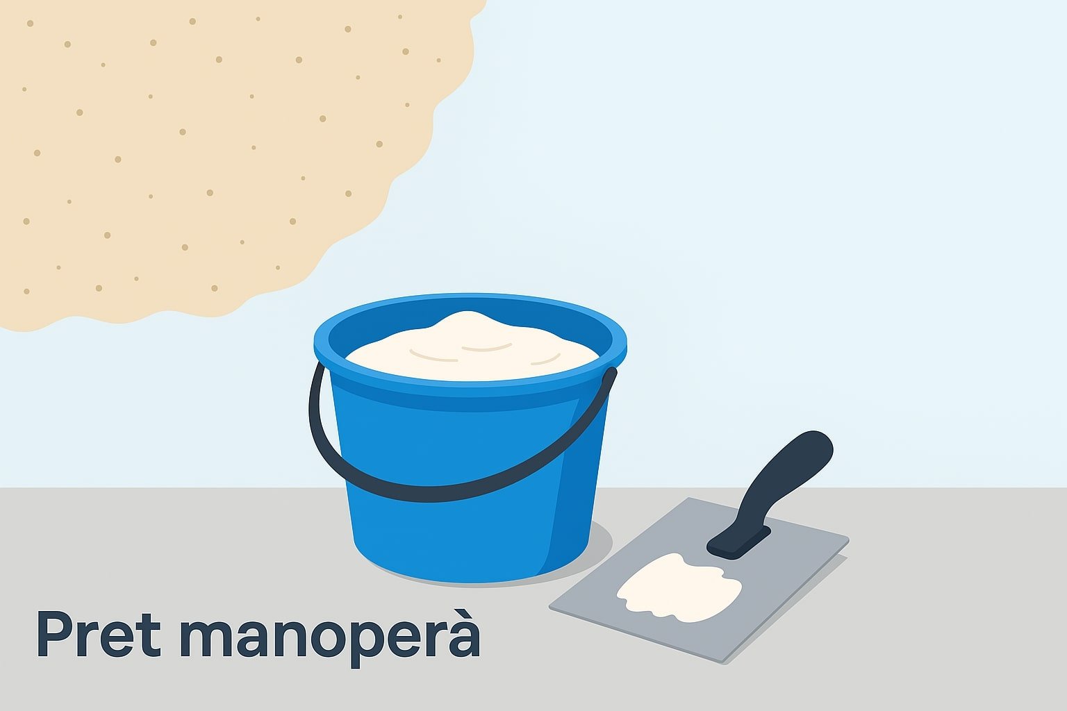 Preț manoperă glet - Ilustrație vectorială cu o găleată de glet și o gletieră lângă un perete pregătit pentru finisare