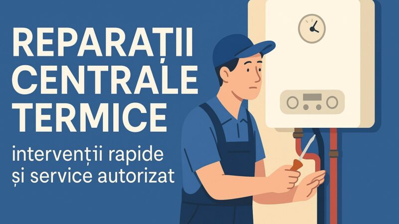 banner reparații centrale termice cu tehnician și centrală în fundal, intervenții rapide și service autorizat