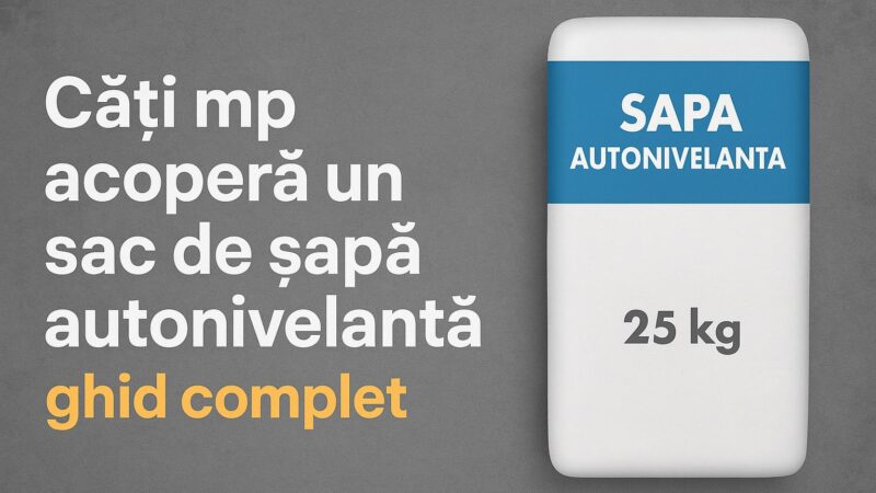 sac de șapă autonivelantă 25 kg pe fundal gri cu titlul câți mp2 acoperă un sac de șapă autonivelantă