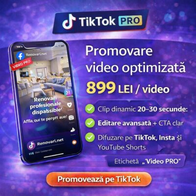 Promovare TikTok PRO pentru servicii de renovări – clip video optimizat cu CTA și distribuire pe TikTok, Reels și YouTube Shorts