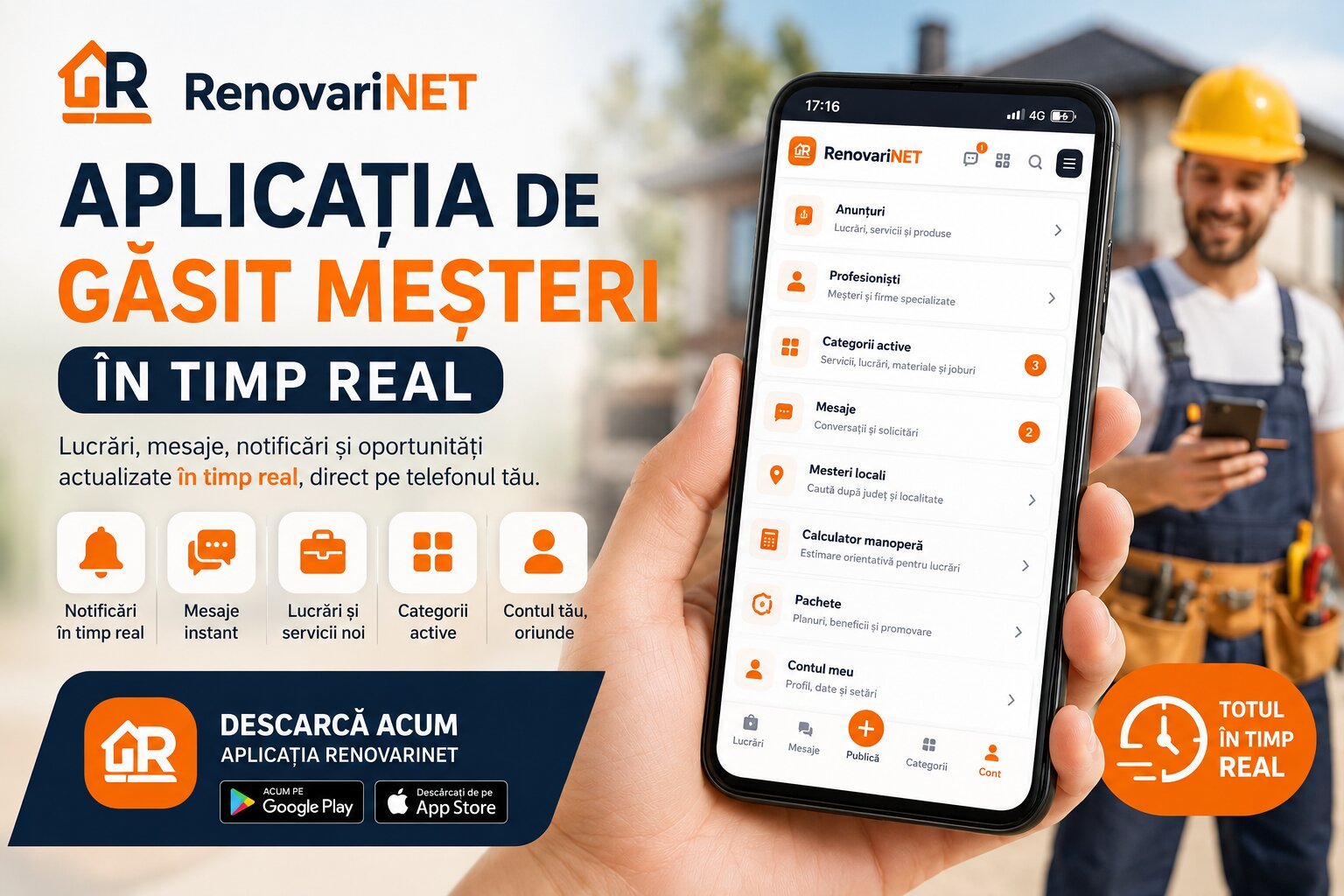 Aplicație de găsit meșteri în timp real RenovariNET afișată pe telefon