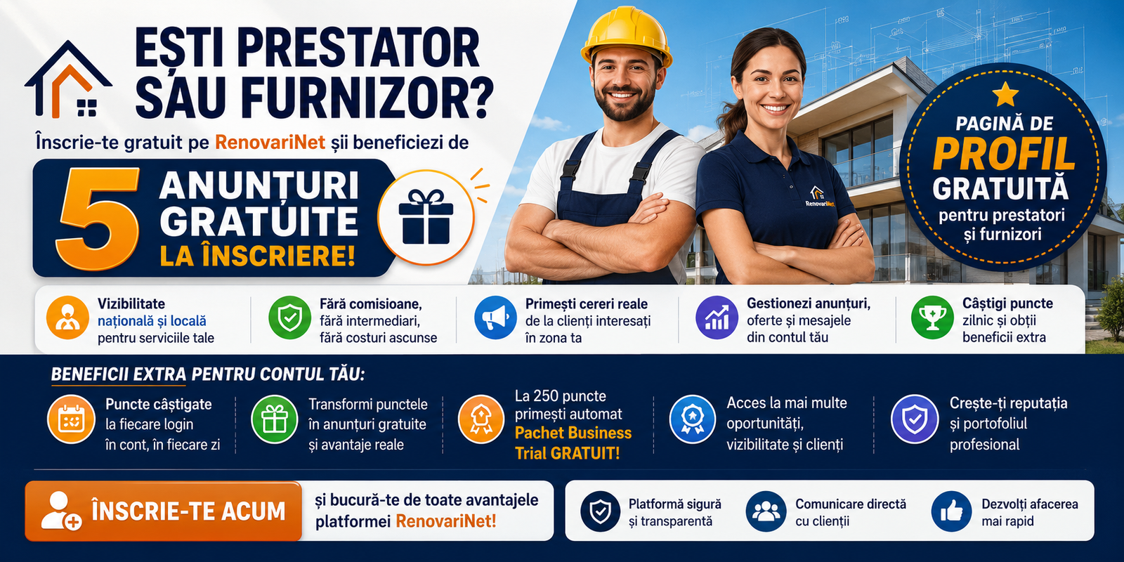 RenovariNet - 5 anunțuri gratuite la înscriere pentru prestatori și furnizori