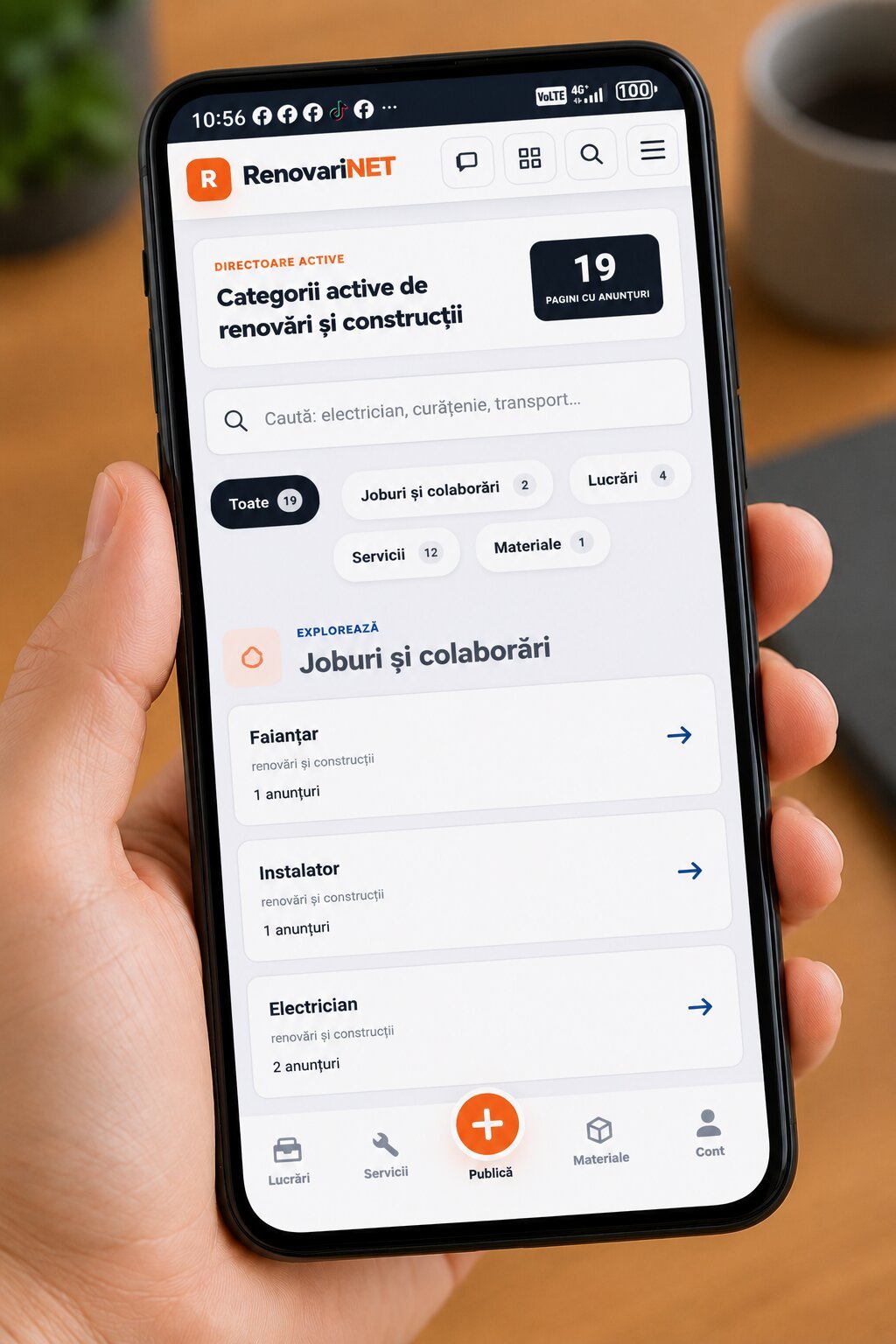 Categorii active în aplicația RenovariNET afișate pe telefon