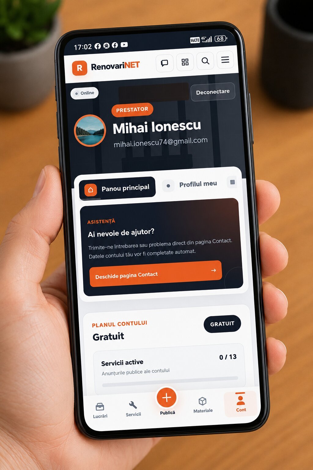 Cont de prestator în aplicația RenovariNET afișat pe telefon