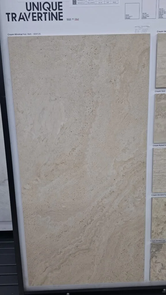 Gresie porțelanată aspect travertin crem, rectificată, 60 x 120 cm