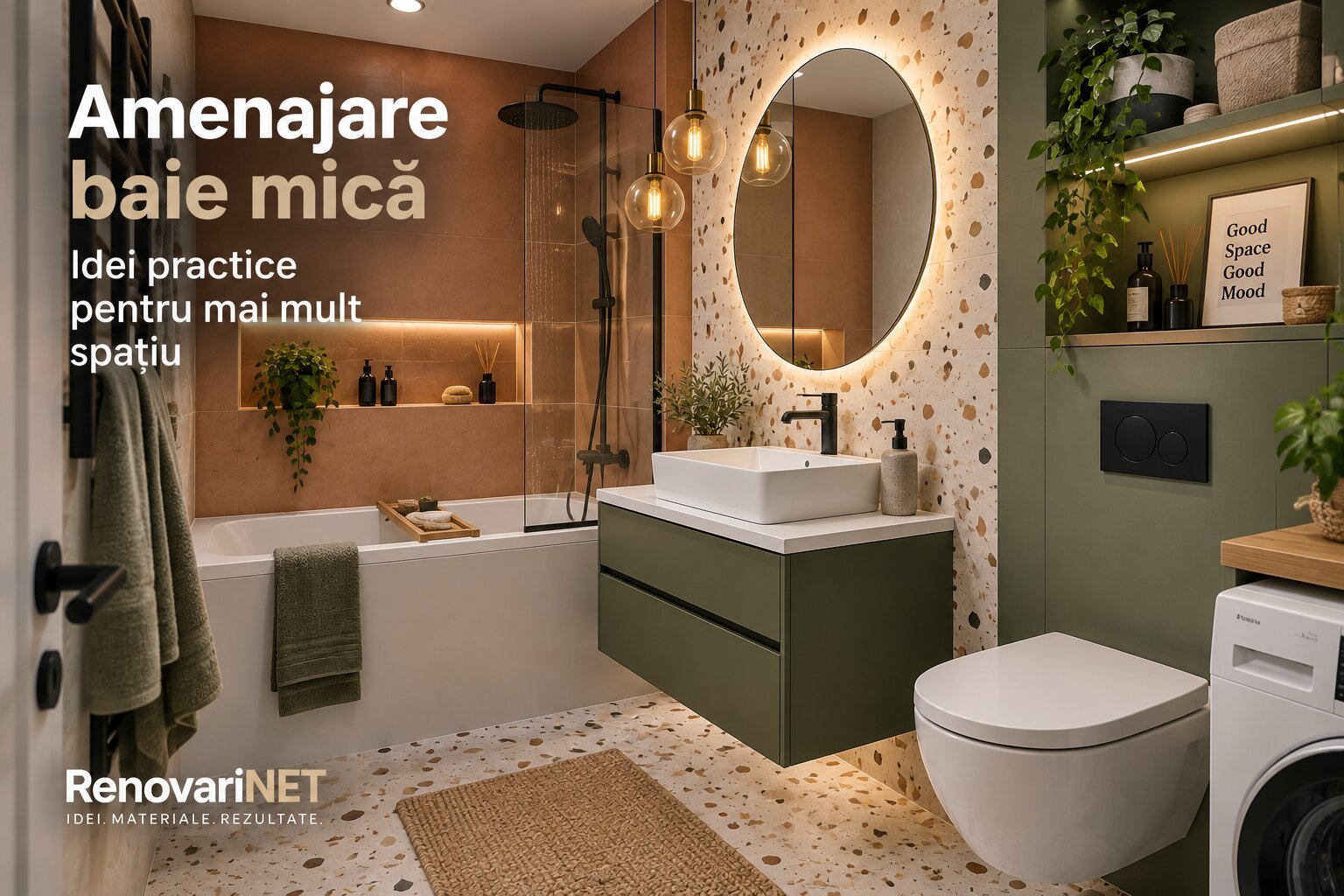 Amenajare baie mică cu cadă, mobilier verde și spații de depozitare