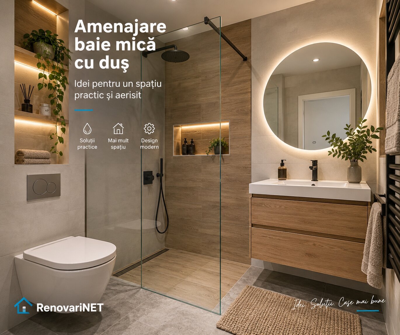 Amenajare baie mică cu duș walk-in, paravan din sticlă și mobilier suspendat