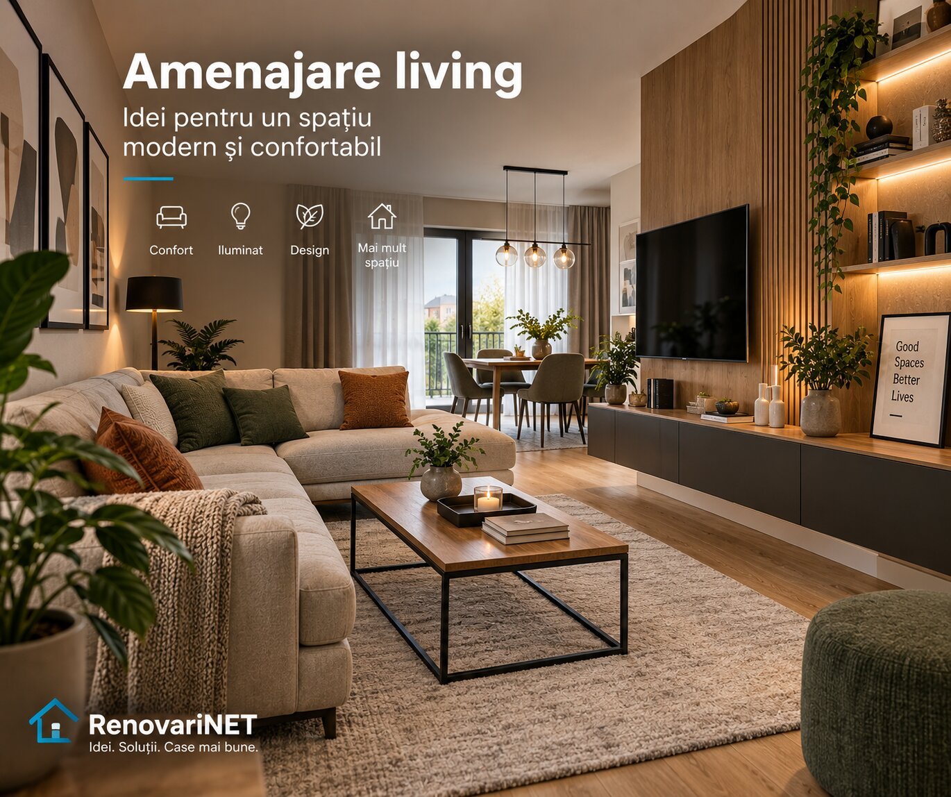 Amenajare living modern cu canapea de colț, zonă TV și dining