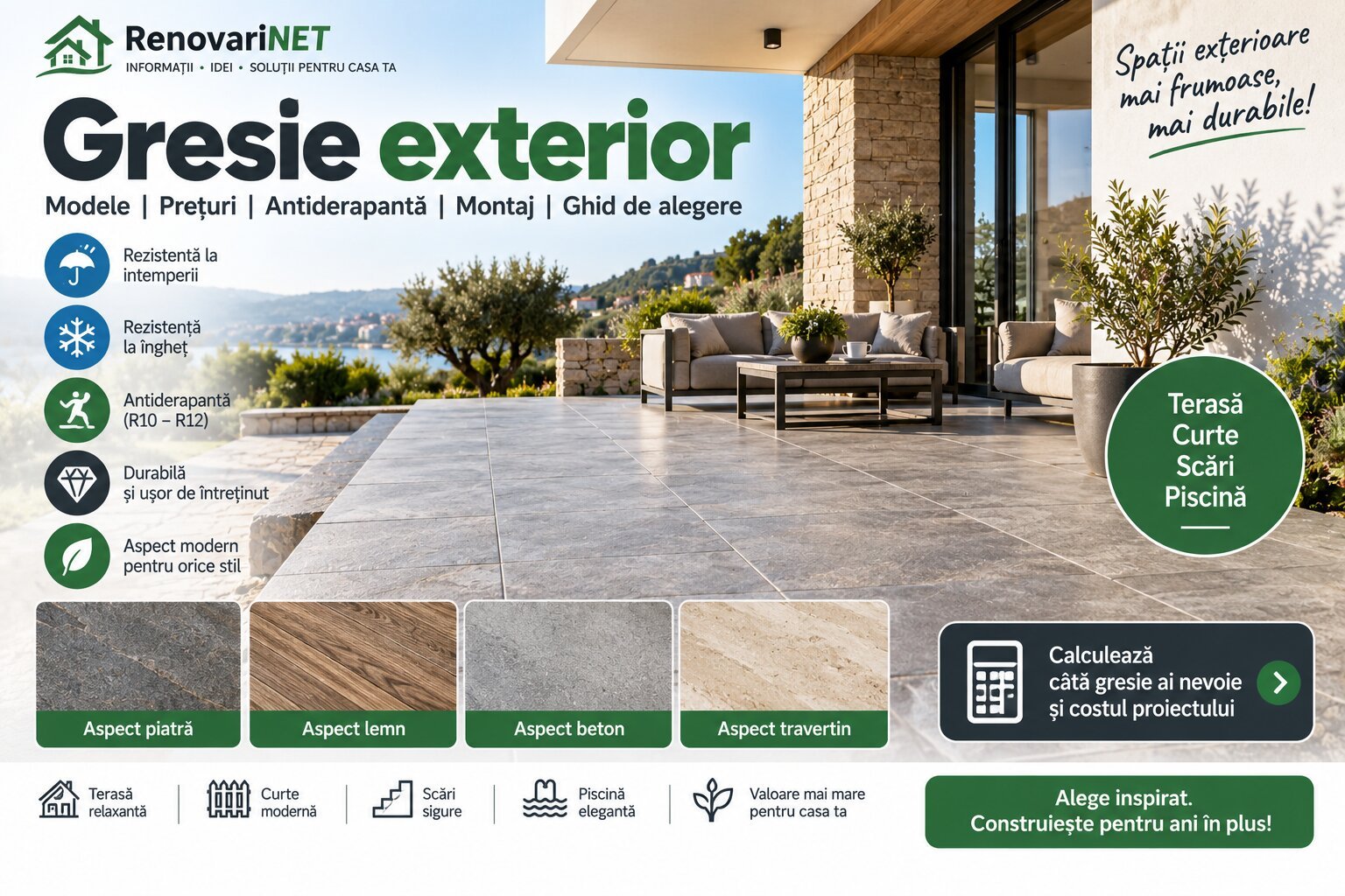 Gresie exterior porțelanată antiderapantă pentru terasă, curte, scări și piscină