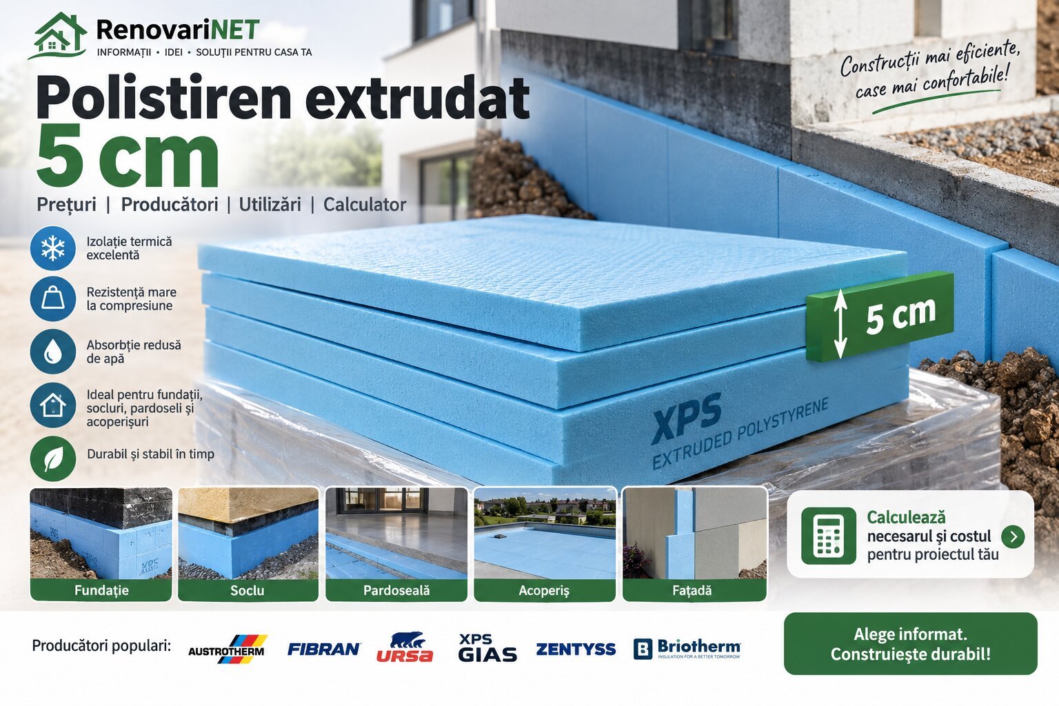 Polistiren extrudat 5 cm XPS pentru fundații, socluri, pardoseli și termoizolații