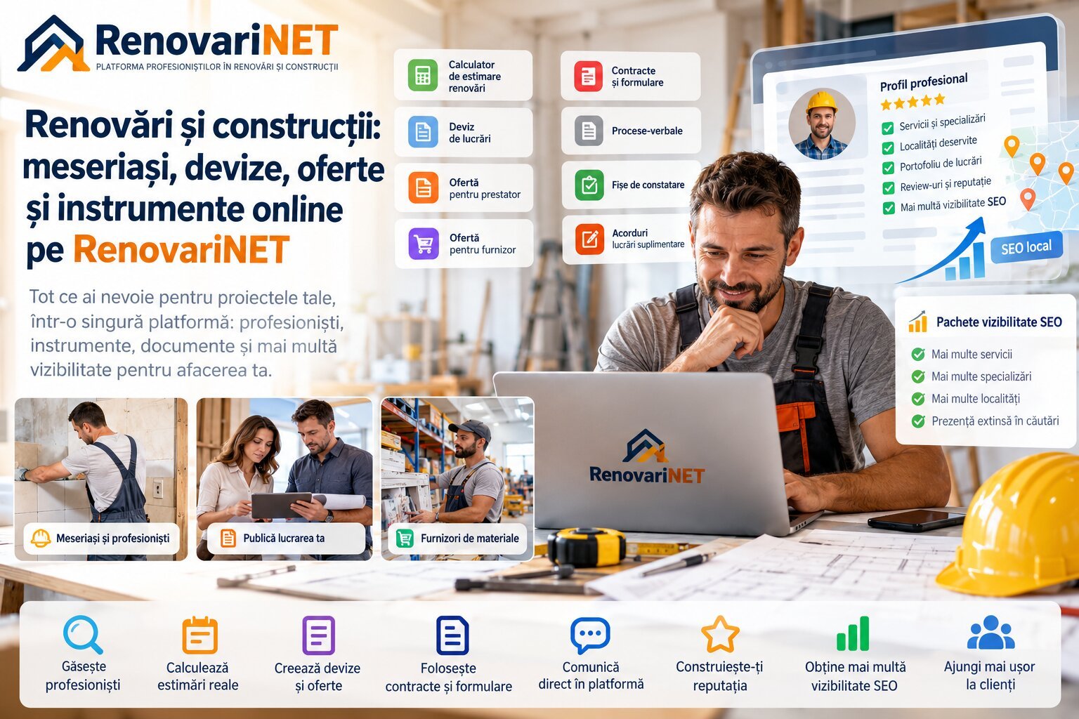 Platforma RenovariNET pentru renovări și construcții, cu instrumente pentru devize, oferte, contracte și vizibilitate SEO