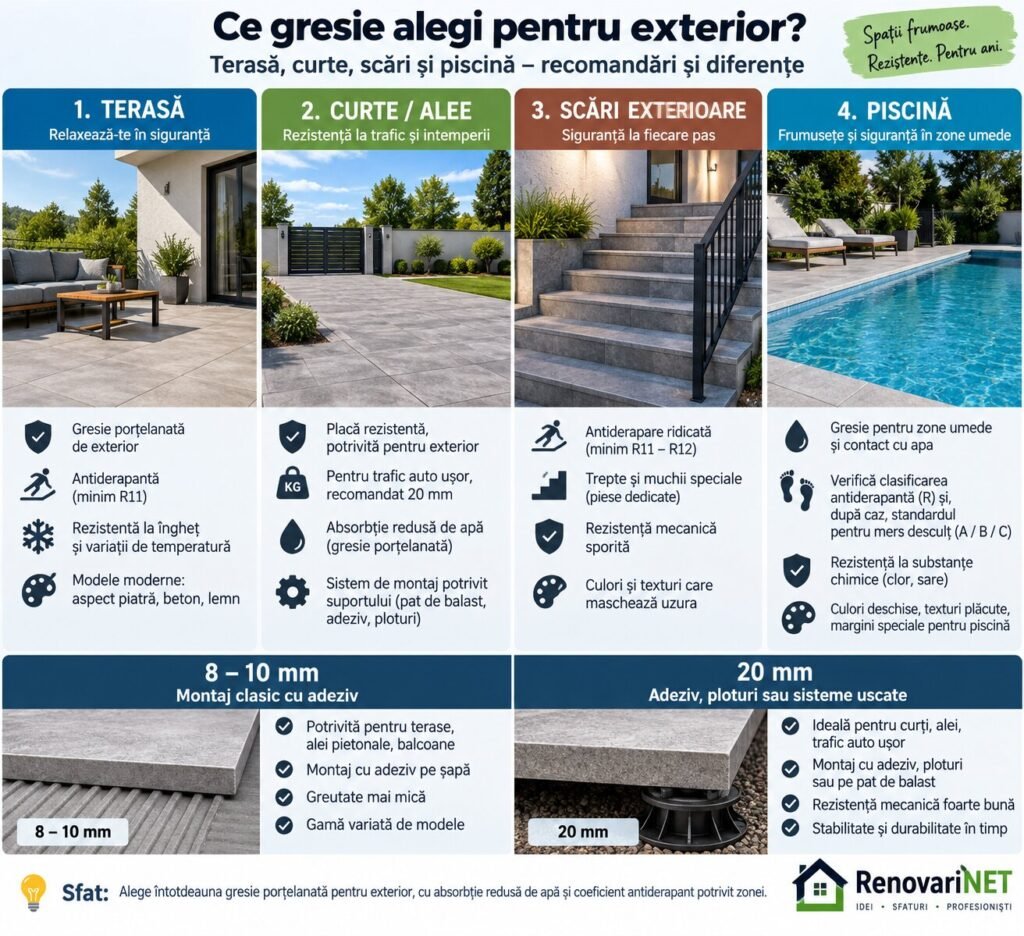 Infografic alegere gresie exterior pentru terasă, curte, scări și piscină, cu grosimi de 8–10 mm și 20 mm