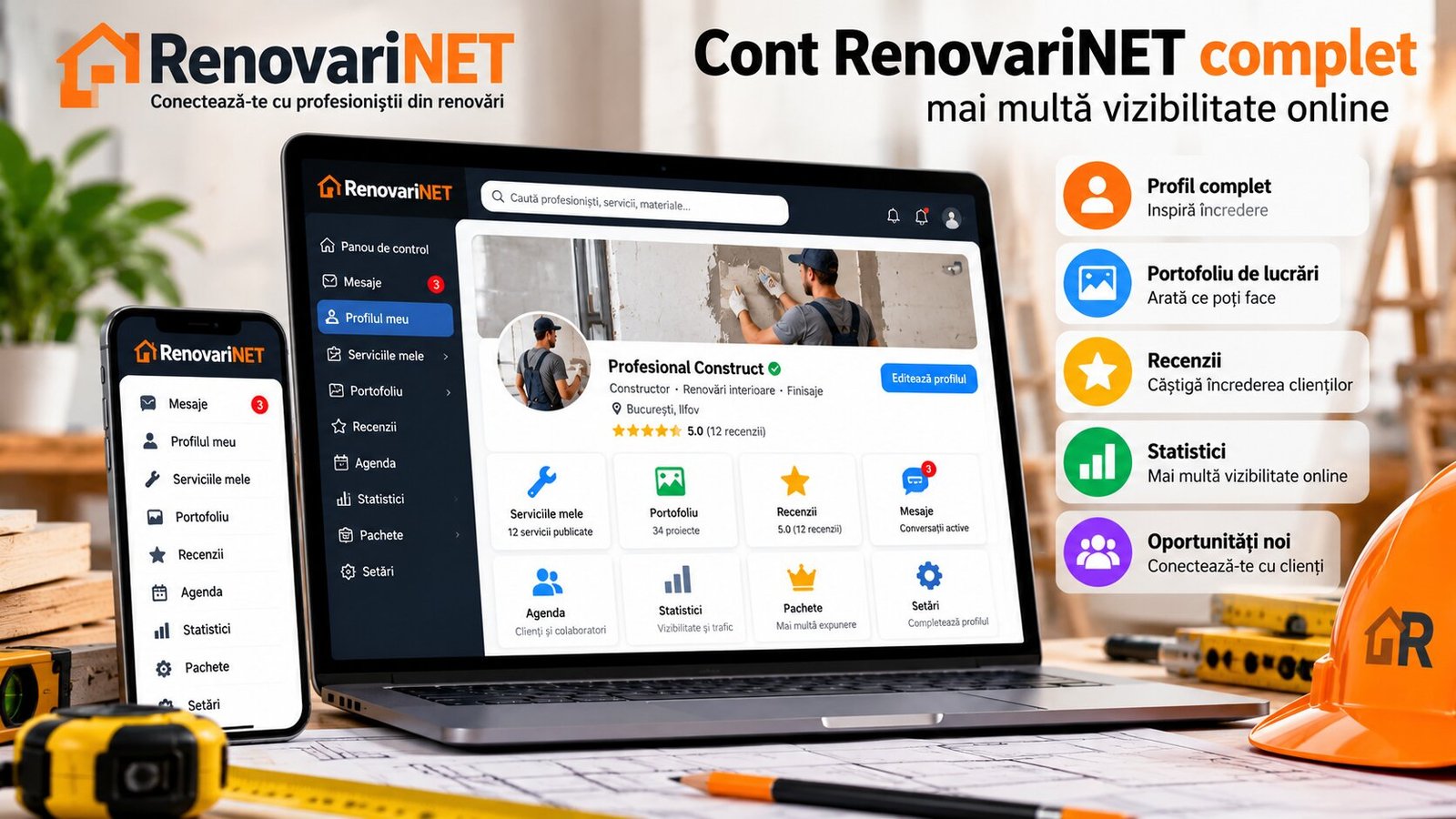 Cont RenovariNET complet cu profil profesional, portofoliu, servicii și instrumente pentru vizibilitate online