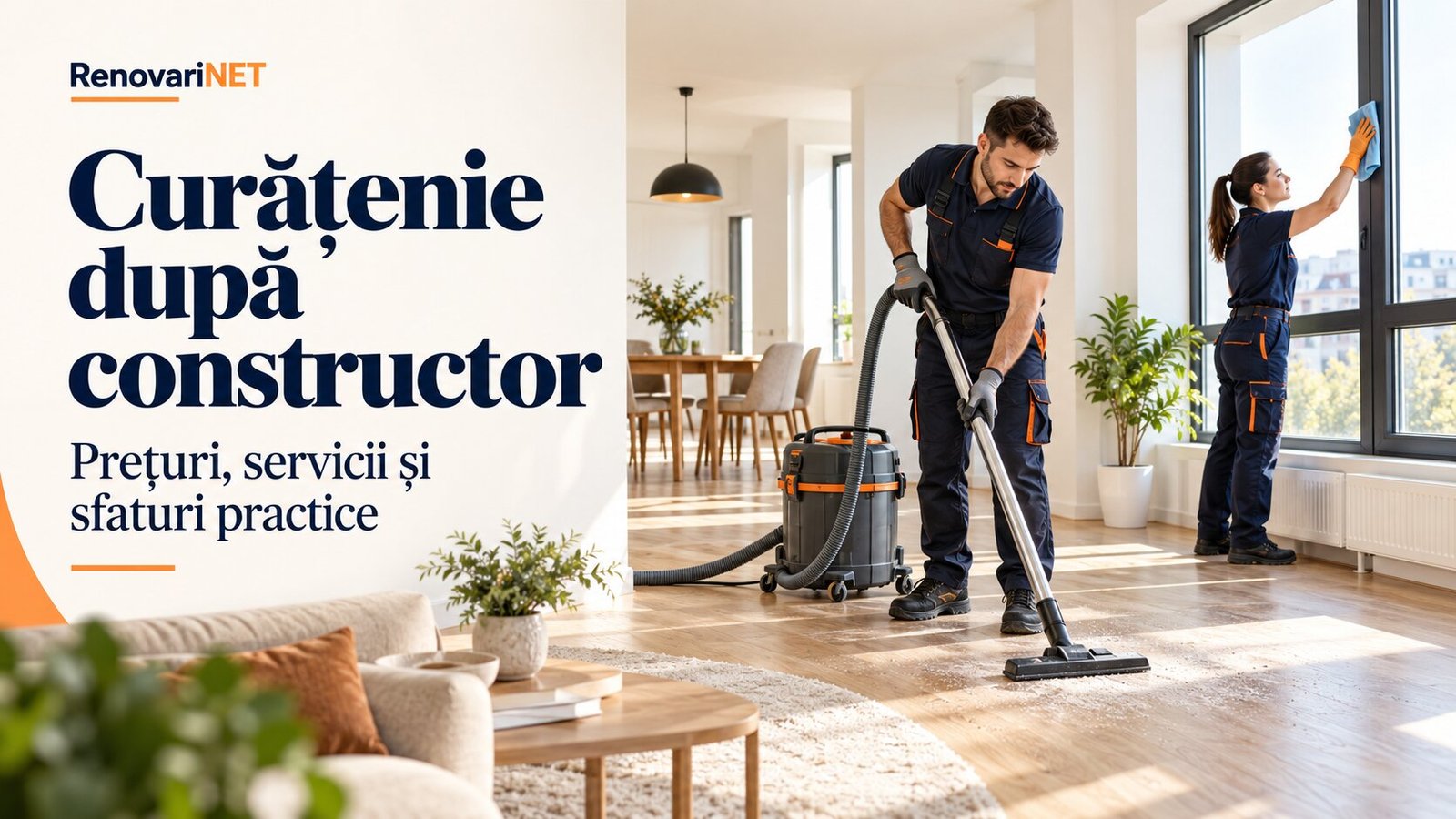 Echipă de curățenie după constructor aspirând pardoseala și curățând geamurile unui apartament renovat.
