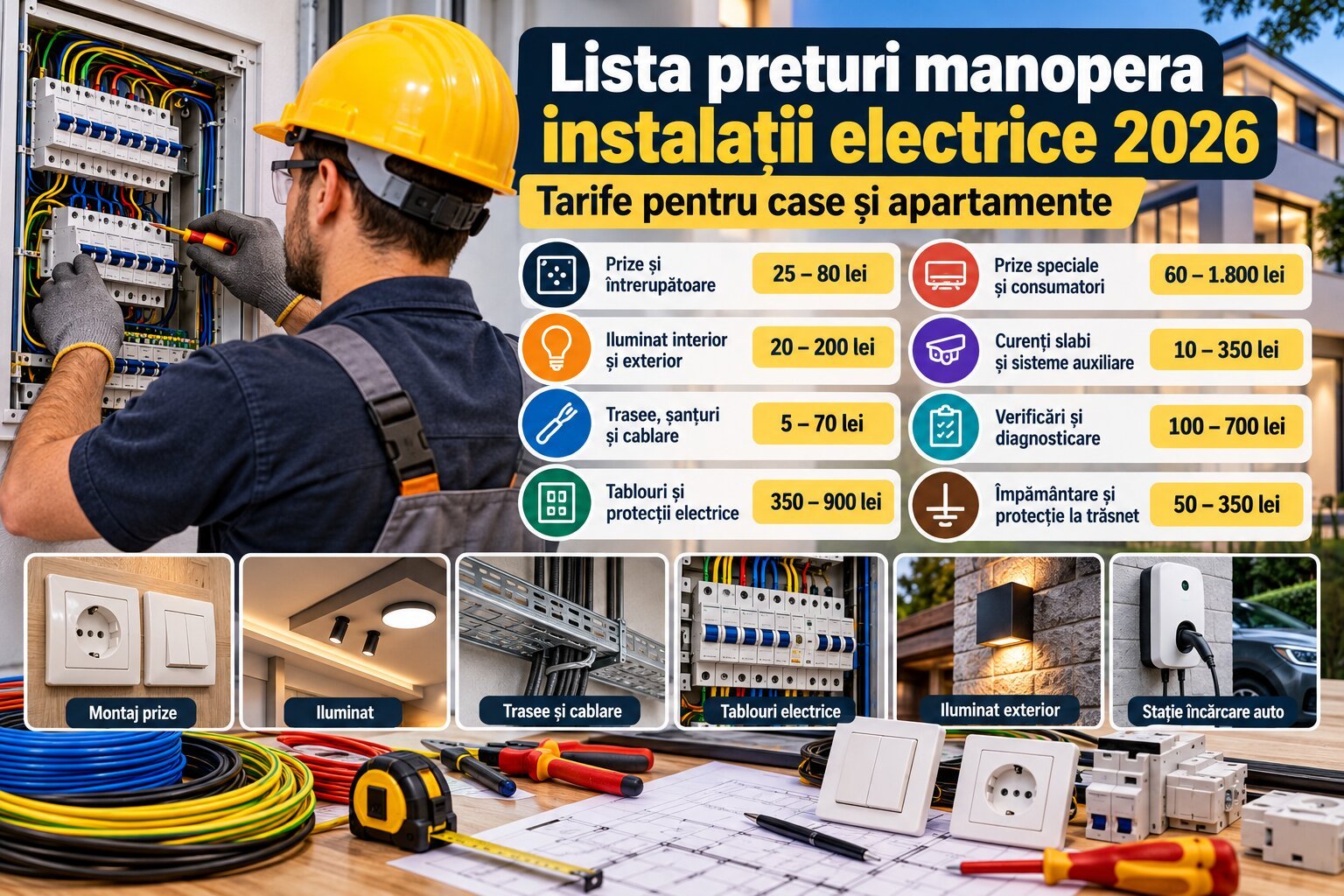 Lista preturi manopera instalatii electrice 2026 – electrician montând un tablou electric, cu tarife pentru cablare, prize, iluminat și împământare.