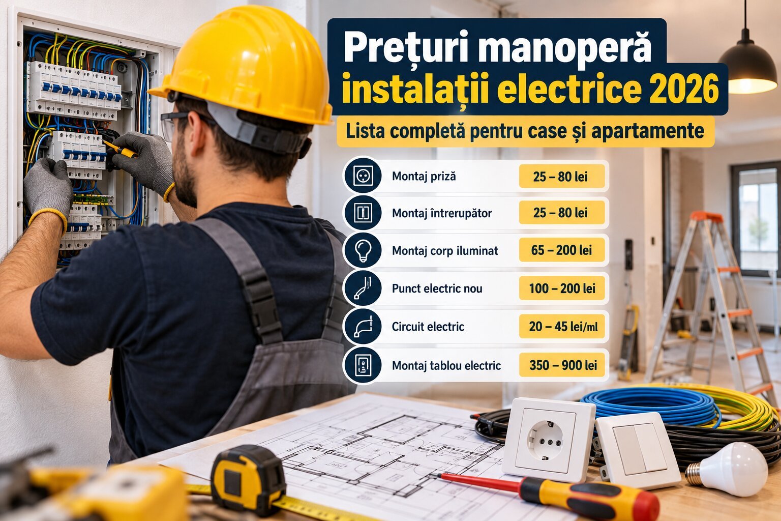 Electrician profesionist montând un tablou electric – prețuri manoperă instalații electrice 2026, montaj prize, întrerupătoare și circuite electrice.