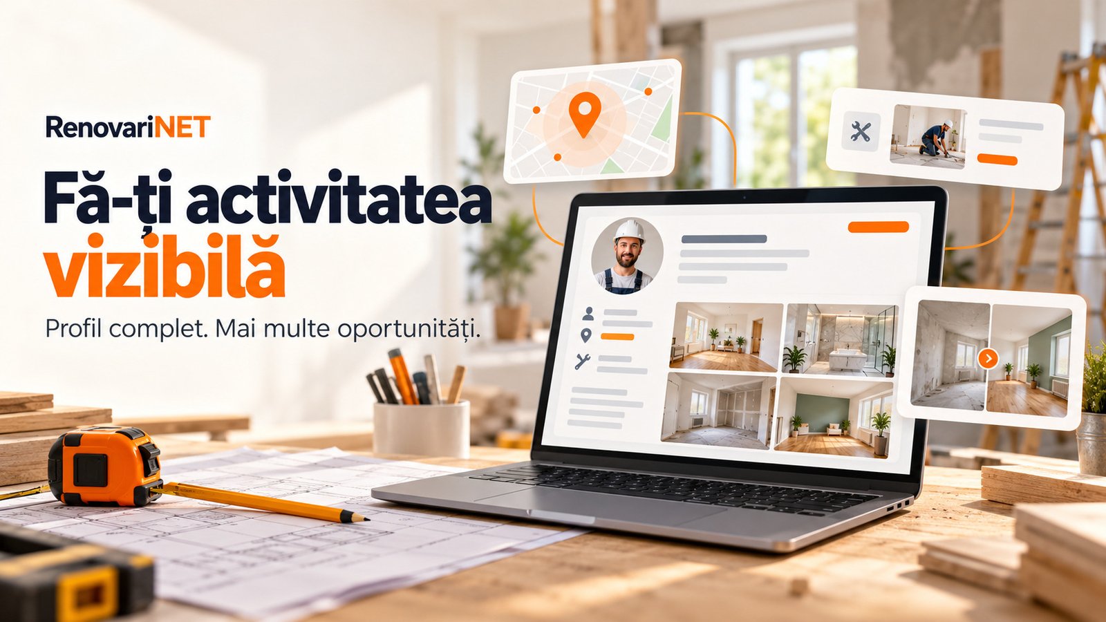 Vizibilitate organică pe RenovariNET prin profil complet, zone deservite, anunțuri și portofoliu.